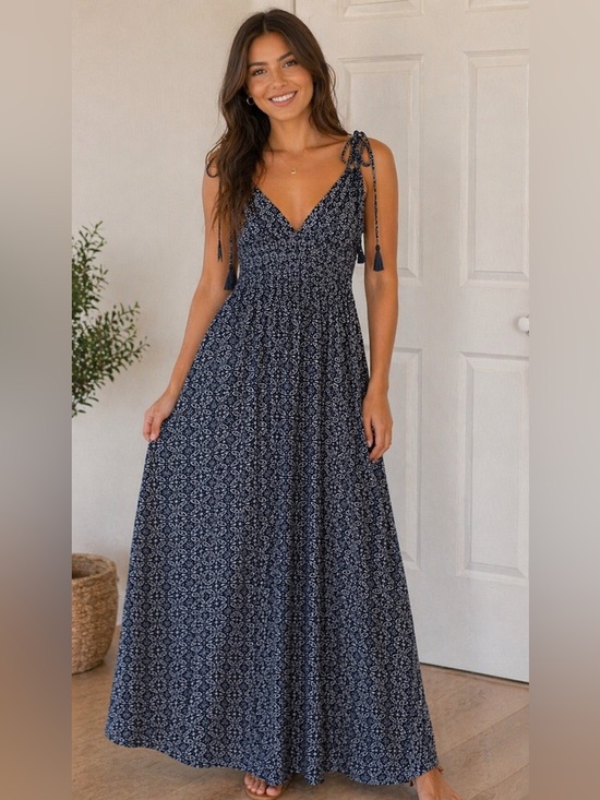 Lulus Dresses & Skirts - Lulu's Navy Blue Floral Tie-Shoulder Boho-Maxi-Flowy Summer Dress